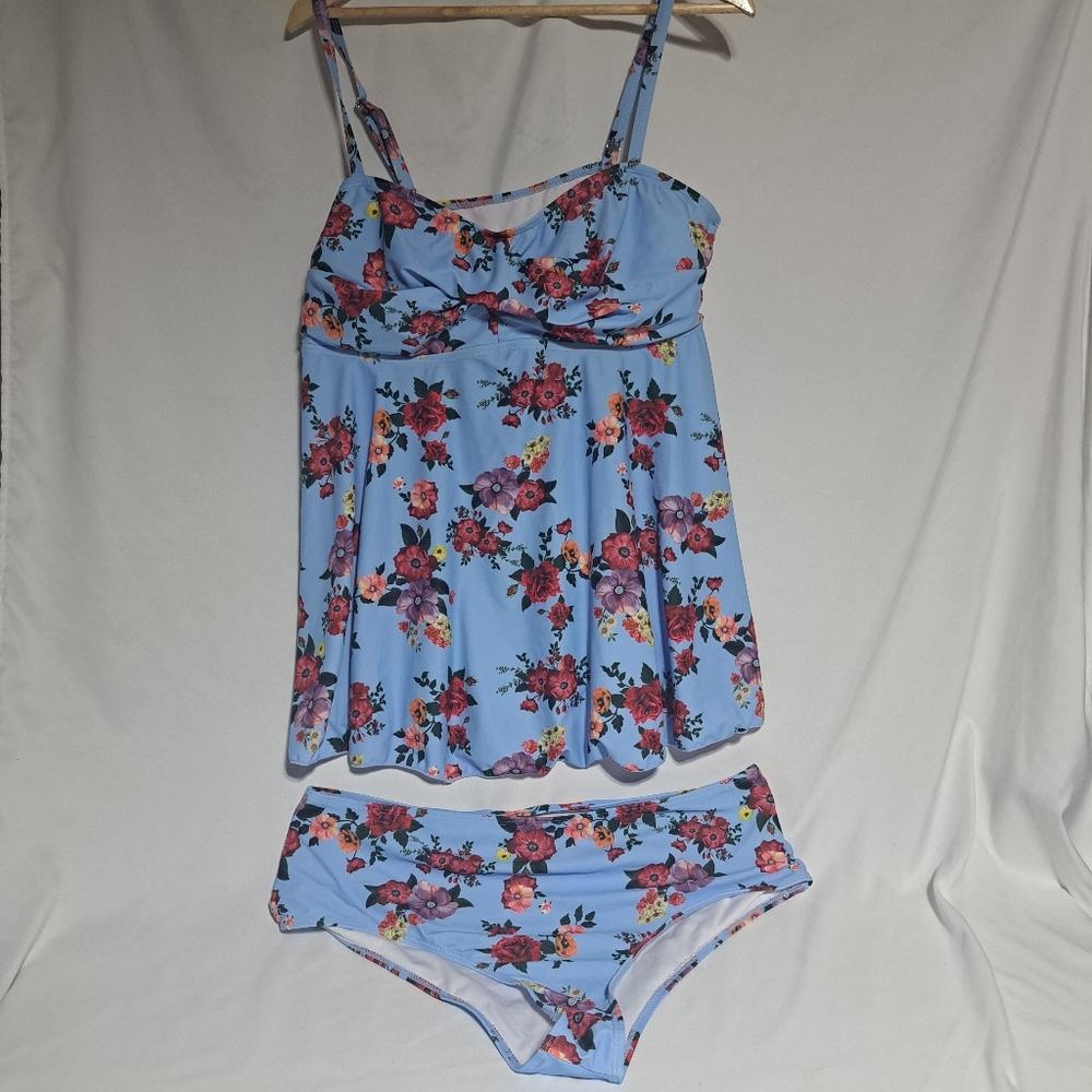 Two Piece Lined Tankini Womens 3XL Floral Blue‎